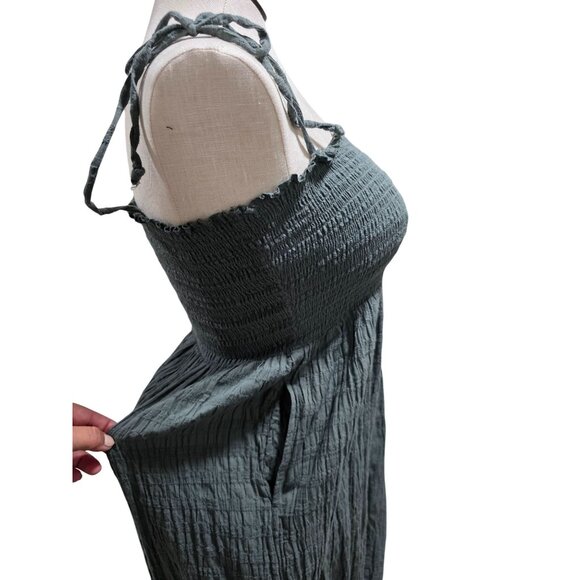 Aerie Green Smocked Midi Dress With Tie Straps & Button Front - Picture 5 of 8